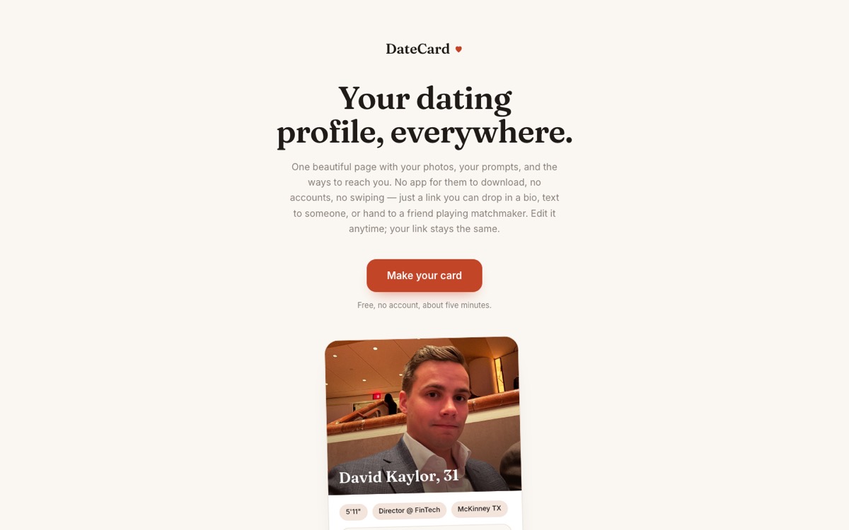 DateCard landing page with an example card