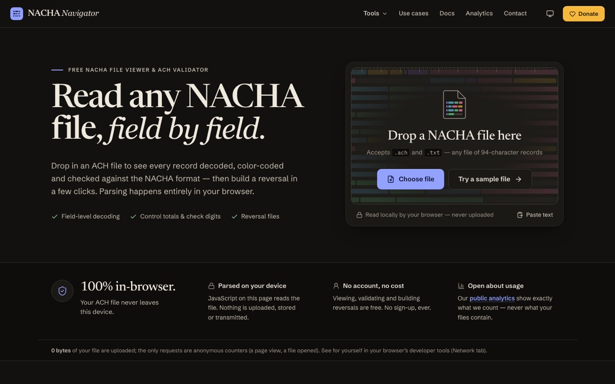 NACHA Navigator home page with a file drop zone