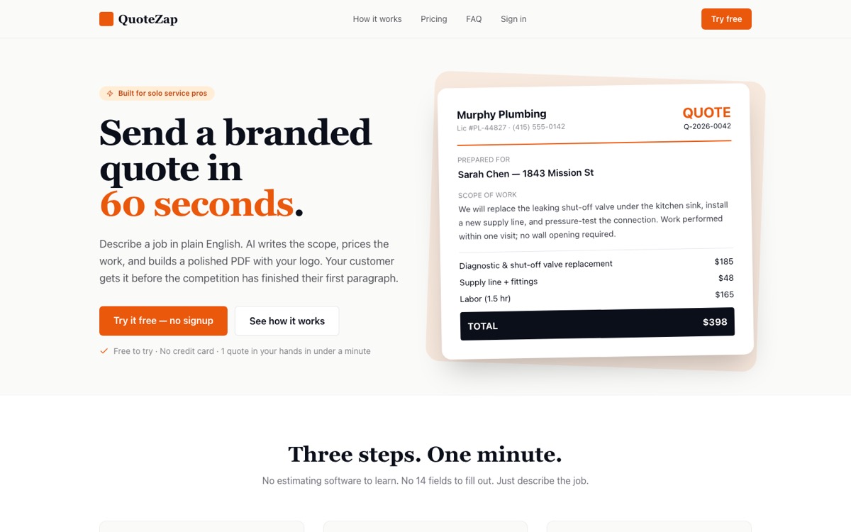 QuoteZap landing page with a sample quote