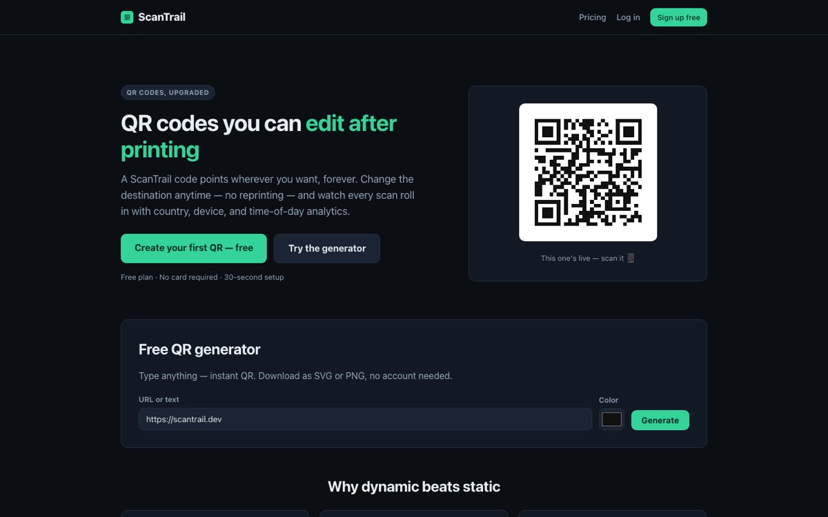 ScanTrail landing page with a QR code