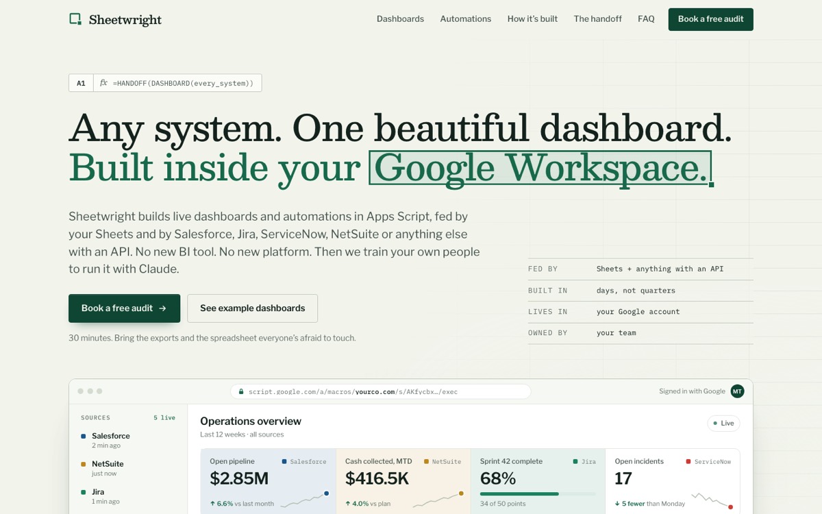 Sheetwright landing page with a dashboard mock